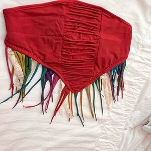 Strapless boho Fringe maroon Top, ties in back. Size M/L